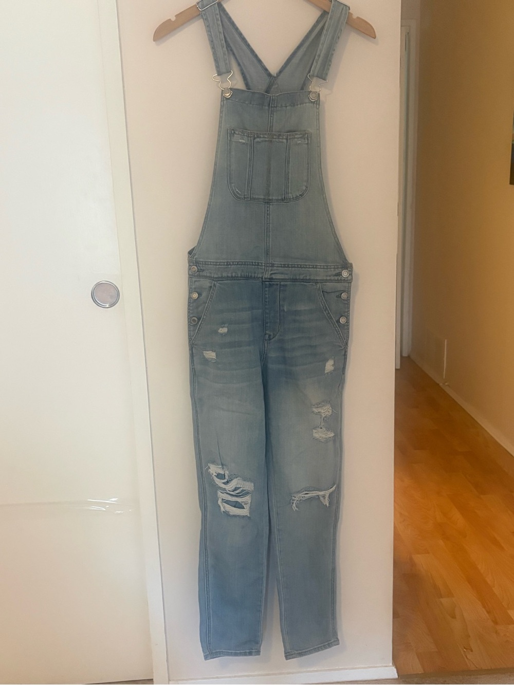 American Eagle Outfitters Light Blue Distressed Denim Overalls - Picture 2 of 3